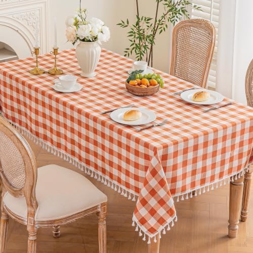 Orange Gingham Tablecloth Rectangle, Cotton Linen Checkered, 55x106 Inch - Image 2