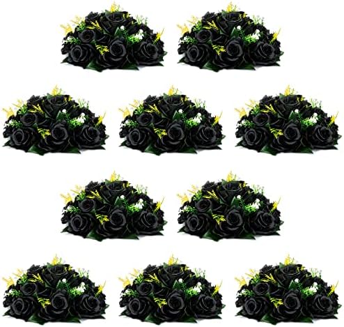 NUPTIO Black Roses Artificial Flowers Pcs of 10 Fake Flower Bouquet Black Hydrangea Flowers Artificial, 15 Heads Fake Roses with Base, Real Looking Black Artificial Flowers (Black) by Nuptio