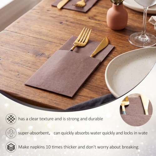 Cindeer 150 Pcs Coffee Linen Dinner Napkins with Built in Flatware - Image 4