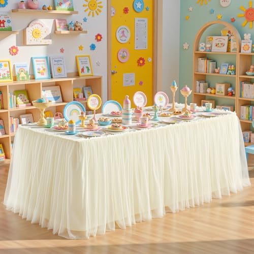 17FT Long Champagne Tulle Table Skirt for Rectangle Round Tables 3-Layer Ruffle Desk Teacher Skirt for Back to School Supplies Princess Girls Birthday Party Cake Dessert Classroom Dorm Decor by Partisky