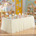 9FT Long Champagne Tulle Table Skirt for Rectangle Round Tables 3-Layer Ruffle Desk Teacher Skirt for Back to School Supplies Princess Girls Birthday Party Cake Dessert Classroom Dorm Decor by Partisky