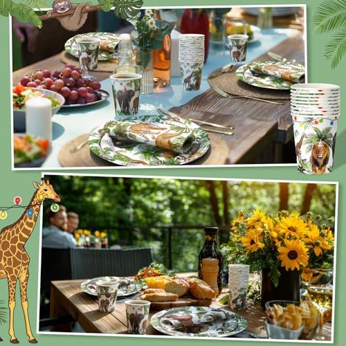 Pickmesh 250 Pcs Jungle Birthday Party Supplies Decorations Serve 50 Safari Animals Disposable Paper Plates Napkins and Cups Jungle Wild Animals Zoo Safari Baby Shower Birthday Wedding Party Supplies - Image 5