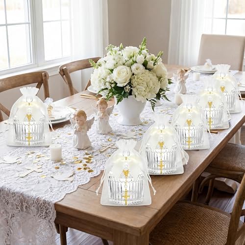 Chuangdi 12 Sets 48 Pcs Baptism Favors for Guests Crystal Candy Bowl Gifts with 12 Pcs Cross Rosary for Baptism Decorations Wedding Baby Shower Supplies First Communion Party(White) - Image 4