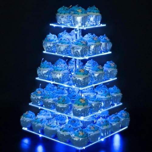 YestBuy 5 Tier Cupcake Stand Acrylic Cupcake Tower Display with LED Light Premium Cupcake Holder Dessert Tree Tower for Birthday Cady Bar Party Décor Weddings, Birthday Parties Events (Blue Light) by YestBuy