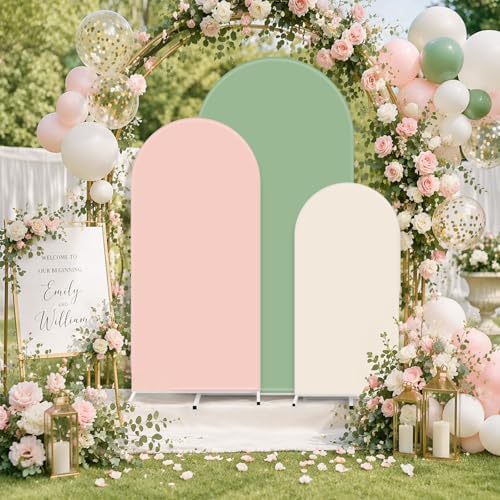 FYSUIMU 3 Pcs Pastel Arch Backdrop Covers Pink Sage Green Cream Stretchy Spandex Arch Stand Fabric Cover for Wedding Baby Bridal Shower Birthday Party Photo Booth Decoration (4ft/5ft/6ft) - Image 5