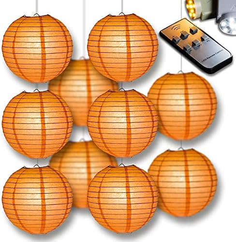 PaperLanternStore.com 12" Peach Orange Paper Lantern Party Pack with Remote Controlled LED Lights (10-Pack Combo Kit) by Fantado+Party+%26+Event+Lighting