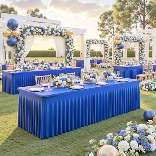 4 Pack Royal Blue Table Cloth for 8 Foot Rectangle Tables Spandex Fitted Tablecloth 8ft Stretch Table Covers Skirt Blue Banquet Tablecloths Wrinkle Free Tablecloth for Party Wedding Birthday Event - Image 3