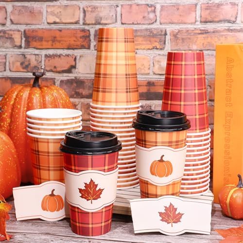 Whaline 50 Pcs Fall Thanksgiving Buffalo Plaid Disposable Coffee Cup with Lids and Sleeves Rustic Pumpkin Maple Leaf Paper Drinking Cups for Autumn Harvest Thanksgiving Party Supplies - Image 4