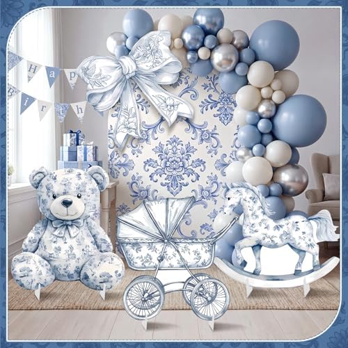 4 Pcs Blue Toile De Jouy Cardboard Cutout Standup Life Size Baby Shower Decorations, Vintage Floral Cardboard Cutouts for Gender Reveal Birthday Party Photo Backdrop Favors - Image 4