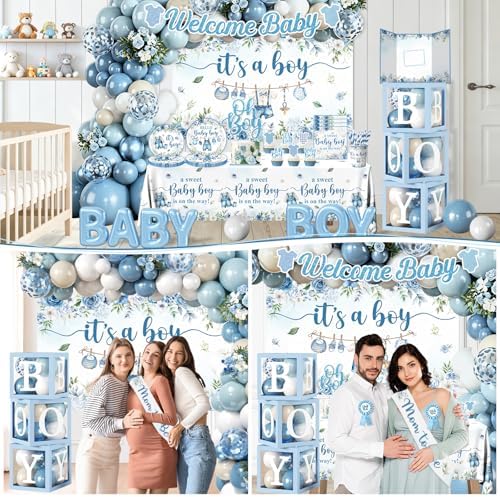 Baby Boy Shower Decorations, All-in-One Set with Boy Baby Shower Plates and Napkins, Balloon Arch, Cake Topper, Balloon Box, Banner, Tablecloth, Baby Shower Decorations Boy Serves 20 - Image 5