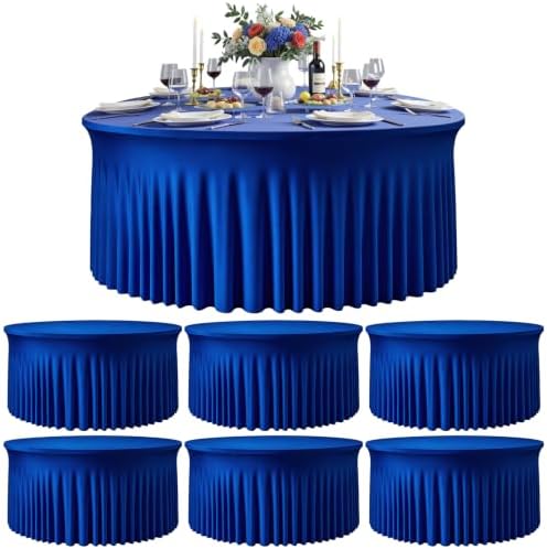 Royal Blue 6PCS Round Spandex Tablecloth for 5FT/60In Round Table, Stretchy Table Cloth with Skirt, Washable Fitted Tablecloth, Circle Wrinkle Free Table Cover for Wedding Party Banquet Event by Torrowsrort