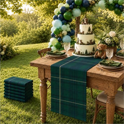 6Pcs 72 x 13'' Tartan Plaid Bear Table Runners Vintage Baby Shower Table Runner Decoration Green and Blue Plaid Tables Runners for Baby Shower Wedding Birthday Farmhouse Dining Room Kitchen Decor - Image 5