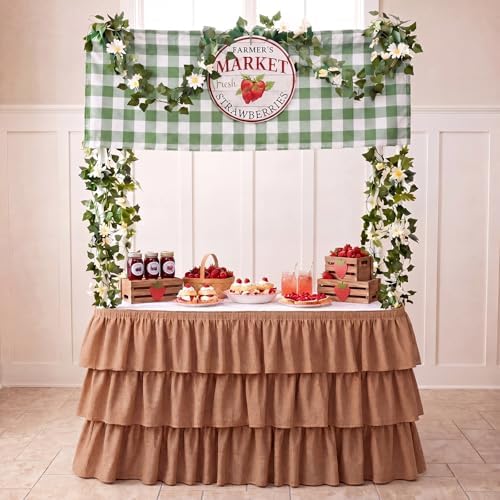 5 Pcs Farmer Market Strawberry Stand Decorations Fresh off the Market Bridal Shower Baby Shower Birthday Party Setup Decor Table Skirt Daisy Vine Banner Gingham Valance Metal Sign Photo Prop 73 x 30'' - Image 5