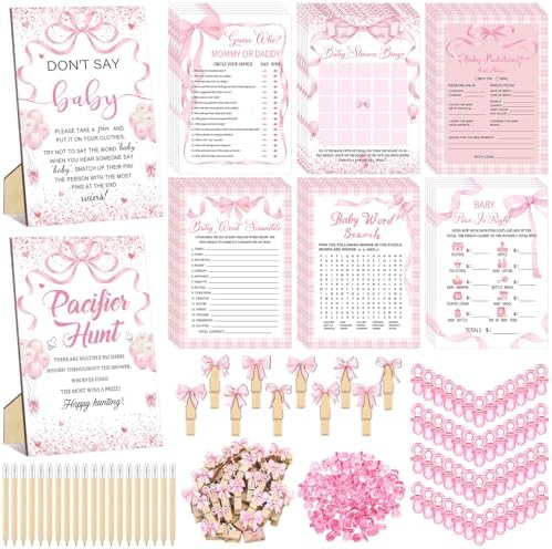 Sherr 424 Pcs Pink Bow Baby Shower Games Decorations, Set 8, 50 Pacifiers by Sherr