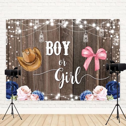 10x8ft Gender Reveal Backdrop Boy or Girl Photography Background Hat Bow Pink Blue Flowers Leaves Glitter Dots Wood Baby Shower Banner Decorations Newborn Birthday Party Photo Booth Prop - Image 4