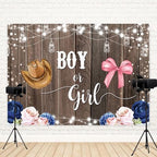 12x8ft Gender Reveal Backdrop Boy or Girl Photography Background Hat Bow Pink Blue Flowers Leaves Glitter Dots Wood Baby Shower Banner Decorations Newborn Birthday Party Photo Booth Prop - Image 4