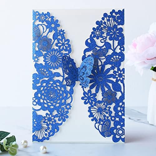 Hosmsua 50pcs Personalized Quinceañera Invitation Kit 5.12 x 7.3 Royal Blue Laser Cut Flora Butterfly Quinceanera Invitations with Envelopes for Wedding Bridal Shower Invite (Royal Blue Glitter) - Image 2