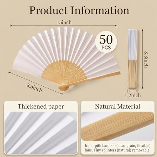 Paper Hand Fans, 8.3 Inch Foldable Handheld Fans for Wedding Favors, Party Decorations, Bridal Shower, Baby Shower, Summer Cooling, (White 50pcs) - Image 2