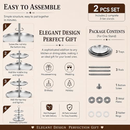 ABuff 3 Tiered Silver Cupcake Stand 2 Pack Stainless Steel Silver Tiered Dessert Stand Cupcake Display Tower 3 Tier Serving Tray Cake Stand for Baby Shower Birthday Party Wedding - Image 5