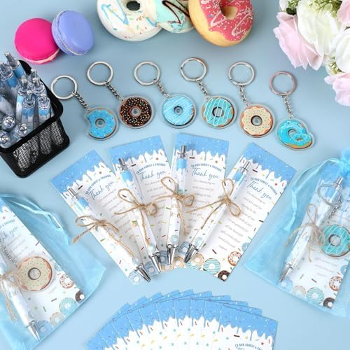 145 Pieces Donut Baby Shower Favors for Guest Sprinkled with Love Ballpoint Pens and Keychains Gifts for Boys Bulk Retractable Baby Shower Pens Gender Reveal Thank You Cards Souvenirs Prizes - Image 4