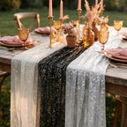 Artoid Mode 6PC Beige Black White Gauze Table Runner 120 Inch 10FT, Glitter Metallic Foil Sheer for Wedding Anniversary Holiday Birthday Home Party Decor - Image 6