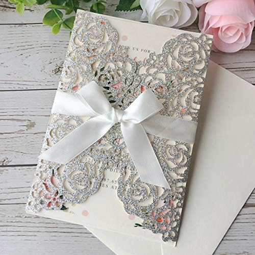 50PCS 5.12 x 7.28'' Personalized Laser Cut Wedding Invitations Cards with Envelopes Hollow Rose Pocket with Bowknot Invitation for Wedding Bridal Shower Invite (Silver Glitter) - Image 2