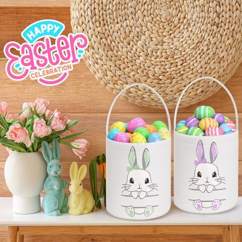 SATINIOR 12 Pack Easter Basket Bulk Easter Bunny Canvas Buckets with Handles Large Personalized Cute Rabbit Tote Bags for Hunt Party Favor Gifts(Lovely Color) - Image 4