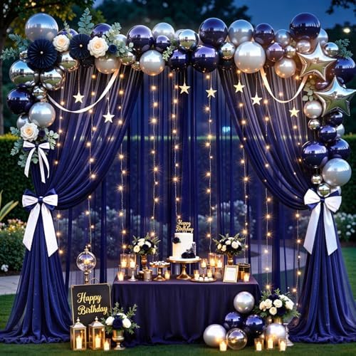 20x10ft Navy Blue Tulle Backdrop Curtains with Lights String for Parties,Wrinkle Free Sheer Curtain with Lights Wedding Photo Backdop Drapes for Baby Shower Birthday Party Photography Home Decorations - Image 2