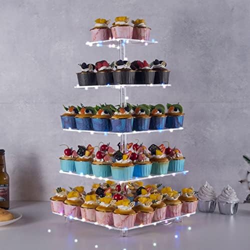 Cupcake Stand, 5-Tier Square Cupcake Holder with LED Light String, Acrylic Cupcake Tower Display-Dessert Tower-Pastry Stand-Cupcake Tier Stand for Wedding, Birthday Party (Colorful Light)… - Image 2