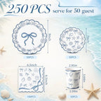 Pickmesh 250 Pcs Ocean Blue Bow Seashell Paper Napkins Plates Cups Set Ocean Themed Party Supplies Coastal Seashell Disposable Tableware for Summer Birthday Beach Wedding Dinner, Serve for 50 Guests - Image 3