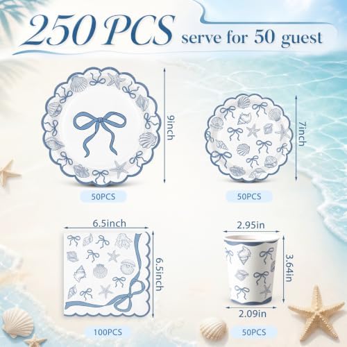 Pickmesh 250 Pcs Ocean Blue Bow Seashell Paper Napkins Plates Cups Set Ocean Themed Party Supplies Coastal Seashell Disposable Tableware for Summer Birthday Beach Wedding Dinner, Serve for 50 Guests - Image 3