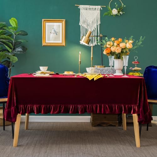 GLORY SEASON Velvet Tablecloth Luxurious Solid Rectangle Table Cloth,Oblong Retro Farmhouse Ruffle Tablecloths Washable Table Cover for Party Wedding Baby Shower Kitchen Dinning Tabletop Decoration - Image 3