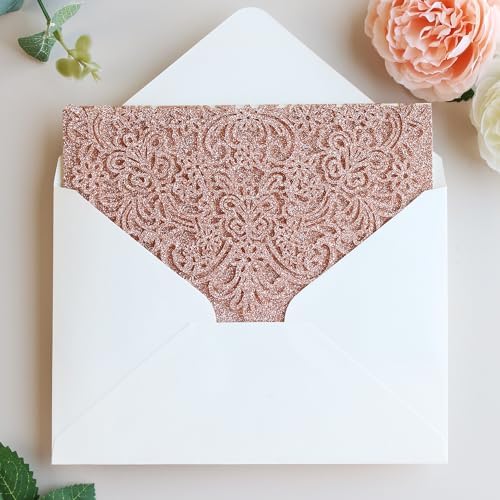 Hosmsua 50PCS Personalized Rose Gold Glitter Laser Cut Flora Invitation Pocket, 5.12 x 7.2 Wedding Invitation Pockets with Envelopes for Wedding Bridal Shower Engagement Quinceanera Invite - Image 6