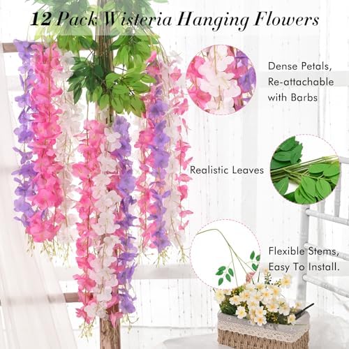 Waipfaru 24 Pack Wisteria Hanging Flowers, 3.6 Feet Wisteria Artificial Flowers, Wisteria Garland, Hanging Flowers for Wedding Decoration, Vines for Bedroom Home Wall Decor (White & Pink & Purple) - Image 3