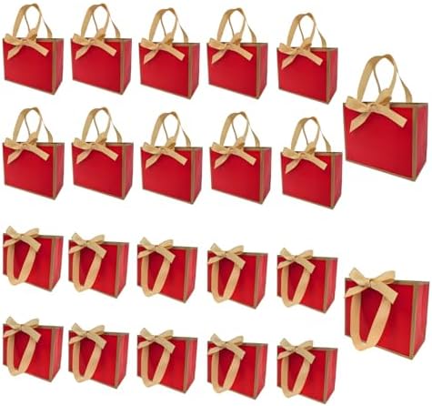 TKSBAG 100 PCS Small Red Gold Gift Bags with Bow Ribbon - 6.4x3.1x5.1 Inch Thank You Bags with Handles, Bulk for Baby Shower, Bridal Shower, Wedding, Party Favors, Mother's Day by TKSBAG
