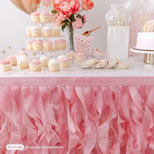 Coral Pink Tutu Table Skirt. 6ft Table Skirt with Double Layer Organza Willows. Princess Party Decorations, Quinceanera, 1st Baby Girl Birthday Decor, Baby Shower Decor or Gender Reveal - Image 3