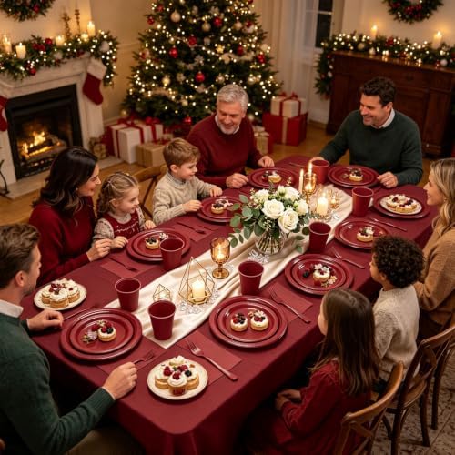 Burgundy Plastic Plates for Party,30 Guests Disposable Maroon Party Supplies,9" Dinner,7" Dessert Plate,Napkins,Cups,Forks and Tablecloth Dinnerware for Birthday Wedding Elegant Parties - Image 6