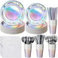 Iridescent Paper Plates and Napkins Set, Disposable Iridescent Paper Plates Cups Knives Spoons Fork Straw for Mermaid Birthday Wedding Party, Serve 100 by EnjoyYourFunnyParties