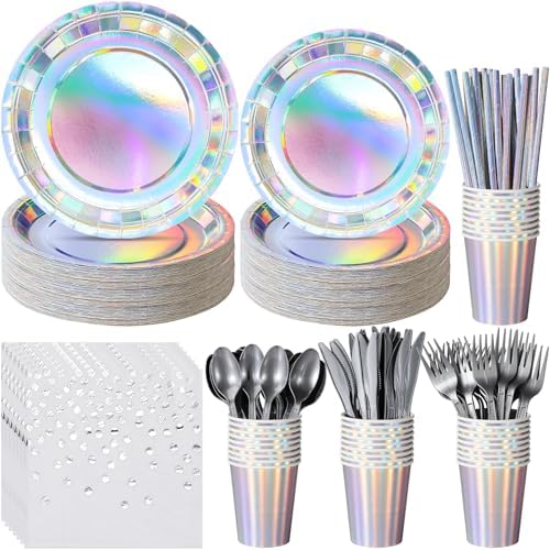 Iridescent Paper Plates and Napkins Set, Disposable Iridescent Paper Plates Cups Knives Spoons Fork Straw for Mermaid Birthday Wedding Party, Serve 100 by EnjoyYourFunnyParties