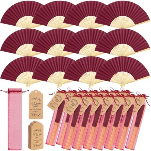 Roowest 50 Pack Paper Folding Fans Bamboo Wedding Favors, Burgundy Wine by Roowest