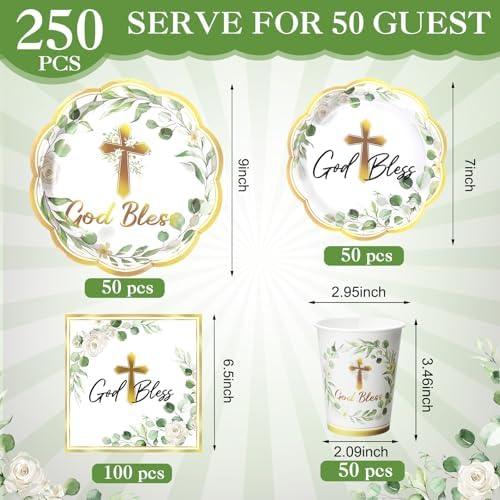 Ziliny 250 Pcs God Bless Baptism Party Tableware Set for 50 Guest First Holy Communion Decorations Sage Green Eucalyptus Leaves Paper Plates Napkins and Cups for Christening Baby Shower Religious - Image 2