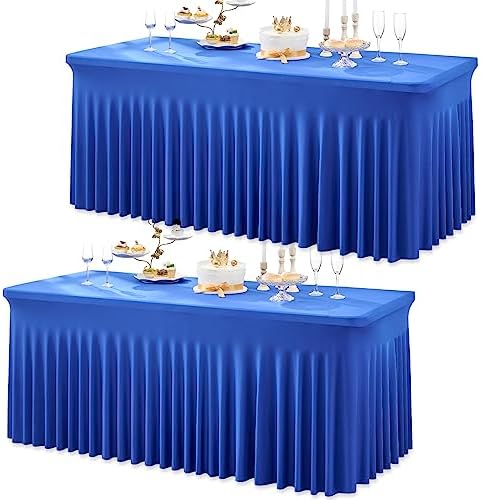 2 Pack Royal Blue Spandex Table Clothes for 6 Foot Rectangle Tables, Wrinkle Free Fitted Table Cover 6ft Stretchy Tablecloths with Skirt for Parties Weddings Birthday Banquet Baby Shower by Htper