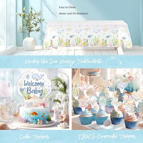 Hombae Sea You Soon Baby Shower Decorations – 177 PCs Under the Sea Baby Shower Party Supplies with Plates Hanging Swirls Banner Tablecloth Cake Topper Cupcake Toppers Cups Forks Straws Napkins - Image 5