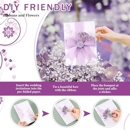 Fullhawl 50 Sets Wedding Invitations Wraps Set Pre Folded Vellum Jackets for 5 x 7 Invitations Dried Flowers Wax Seal Stickers Chiffon Silk Ribbon for Wedding Birthday Bridal Shower Craft DIY (Purple) - Image 4
