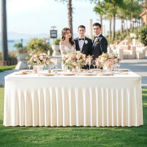 Besutolife Ivory Table Skirt 8ft Spandex Tablecloth for Rectangle Table Banquets Parties Wedding Dining Table 8ft - Image 7