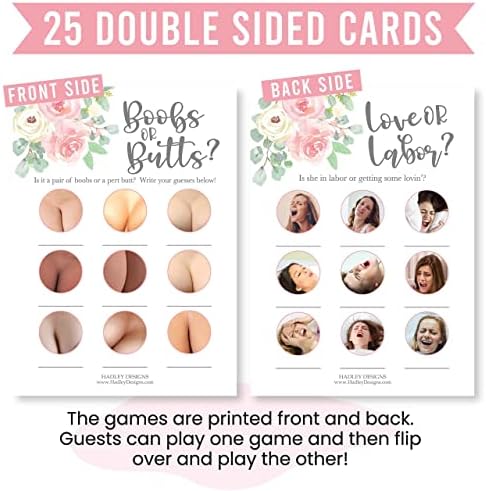 Hadley Designs 25 Floral Love or Labor, Boobs Or Baby Butts Game, 25 Who Knows Mommy Best, Baby Prediction and Advice Cards, 25 True Or False, Word Scramble-6 Double Sided Cards for Baby Shower - Image 7