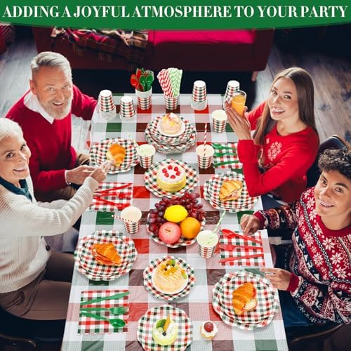 Funnymoom 452 Pcs Red and Green Christmas Buffalo Plaid Party Supplies for 50, Scalloped Christmas Gingham Plaid Paper Plates Napkins Cups Tablecloth Cutlery Straws for Rustic Holiday Party Decoration - Image 4
