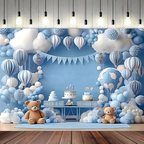 Blue Hot Air Balloon Bear Baby Shower Birthday Backdrop Newborn Baby Blue Birthday Background Party Decoration for Boys Girls Perfect for Indoor/Outdoor Parties, Weddings & More (A, 8x6feet) - Image 2