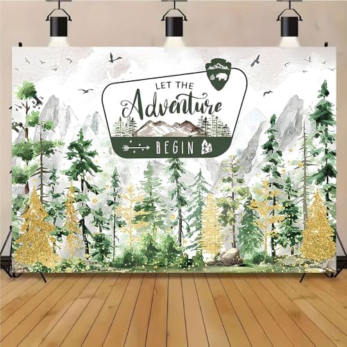 Watercolor Gold Glitter Let The Adventure Begin Backdrop Mountain Pine Tree Wilderness Background Bear Badge Woodland Adventure Baby Shower 1st Birthday Party Photography Booth Banner，A：8X6FT - Image 2