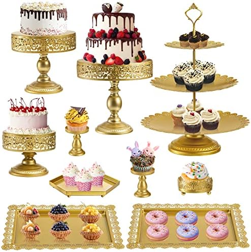 Jucoan 10 Pieces Gold Metal Cake Stand Set, Cupcake Holder Pastry Candy Fruits Serving Plate, Gold Dessert Table Stands and Trays Set for Wedding Birthday Baby Shower Bridal Shower Tea Party by Jucoan
